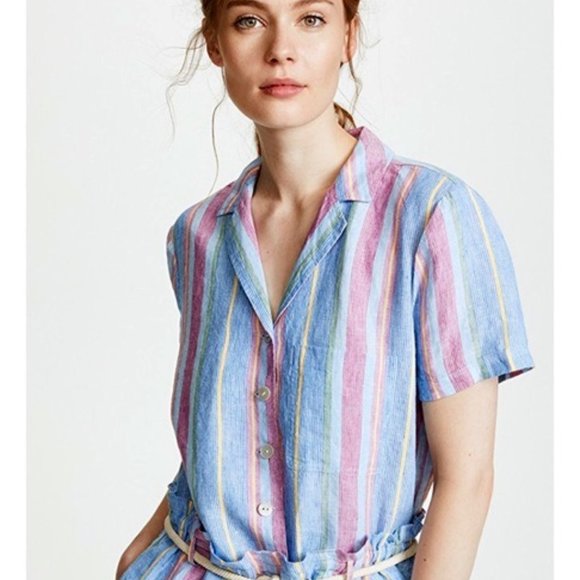 Frame Denim Tops - Frame Cropped Linen Striped Button Down Shirt